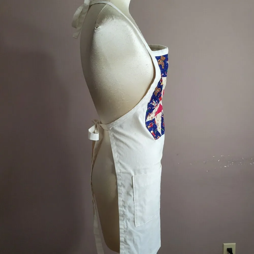 Bib Apron Quilted Pieced Christmas Snowman Pocket Blue Red Cream Muslin 29x 21.5